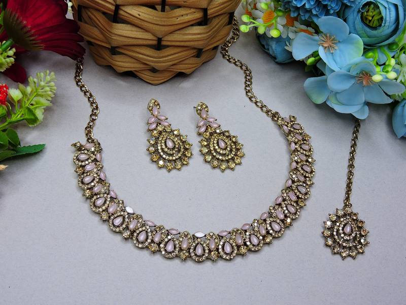 Pink color yellow gold plating festive wear designer necklace set