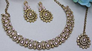 Pink color yellow gold plating festive wear designer necklace set 2