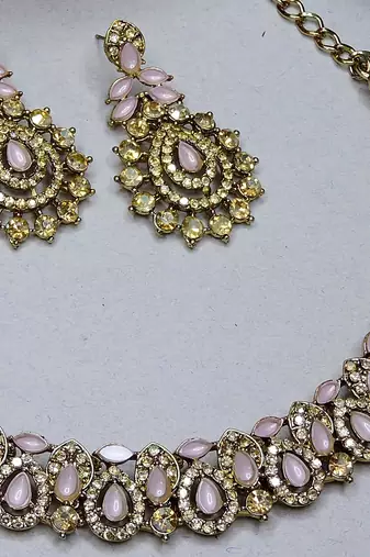 Pink color yellow gold plating festive wear designer necklace set