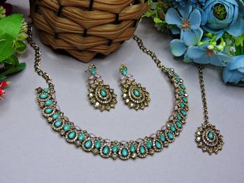 Green color yellow gold plating festive wear designer necklace set 1