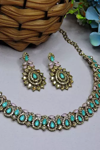 Green color yellow gold plating festive wear designer necklace set