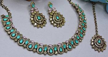 Green color yellow gold plating festive wear designer necklace set 2