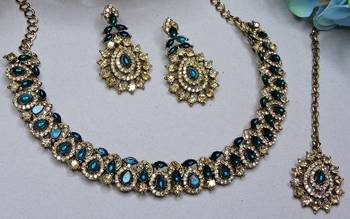 Green color yellow gold plating festive wear designer necklace set 2