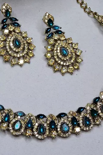 Green color yellow gold plating festive wear designer necklace set