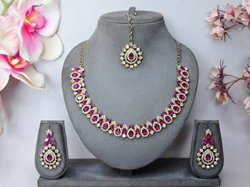 Pink color yellow gold plating festive wear designer necklace set 1