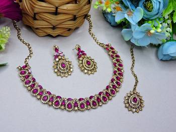 Pink color yellow gold plating festive wear designer necklace set 2