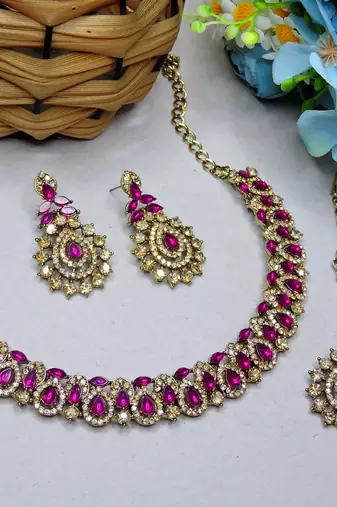 Pink color yellow gold plating festive wear designer necklace set