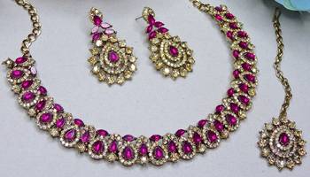 Pink color yellow gold plating festive wear designer necklace set 3