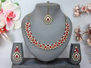 Red color yellow gold plating festive wear designer necklace set 1
