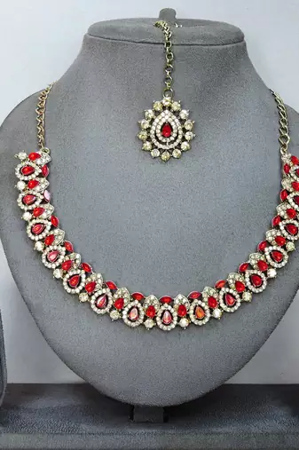 Red color yellow gold plating festive wear designer necklace set