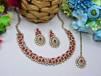 Red color yellow gold plating festive wear designer necklace set 2