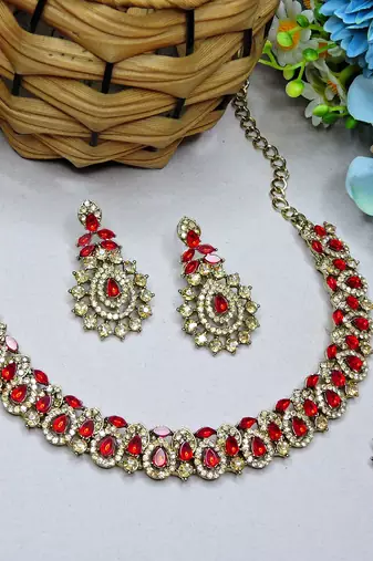Red color yellow gold plating festive wear designer necklace set