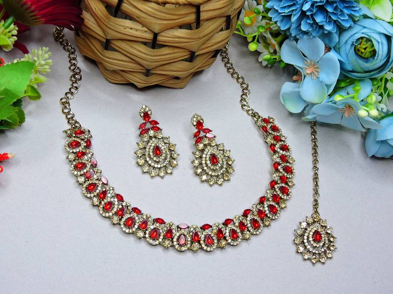 Red color yellow gold plating festive wear designer necklace set