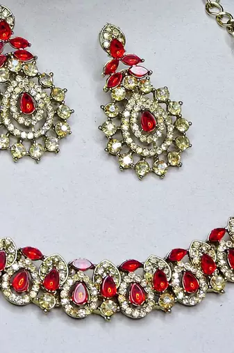 Red color yellow gold plating festive wear designer necklace set