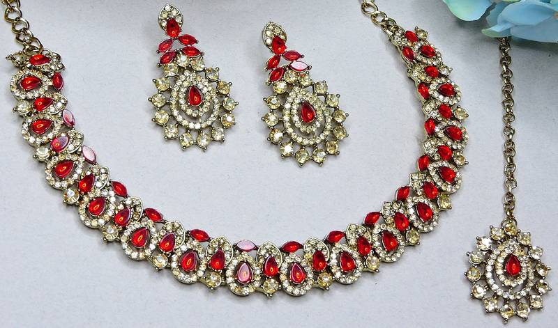 Red color yellow gold plating festive wear designer necklace set