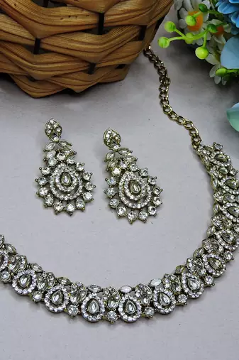 White color yellow gold plating festive wear designer necklace set