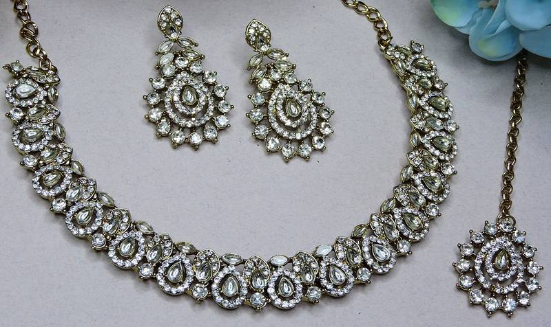 White color yellow gold plating festive wear designer necklace set