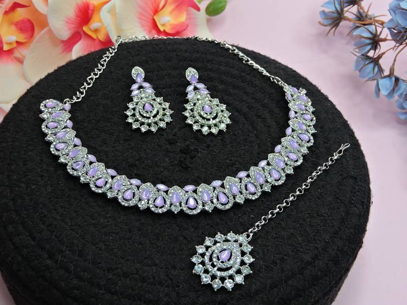 Purple color rhodium plating festive wear designer necklace set