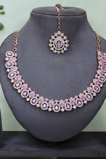 Pink color rhodium plating festive wear designer necklace set