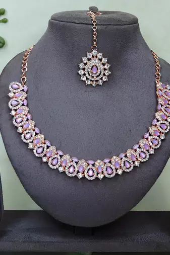 Pink color rhodium plating festive wear designer necklace set