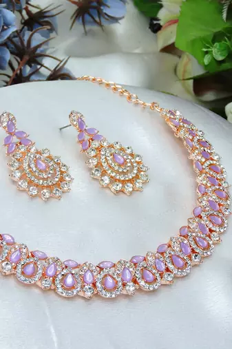 Pink color rhodium plating festive wear designer necklace set