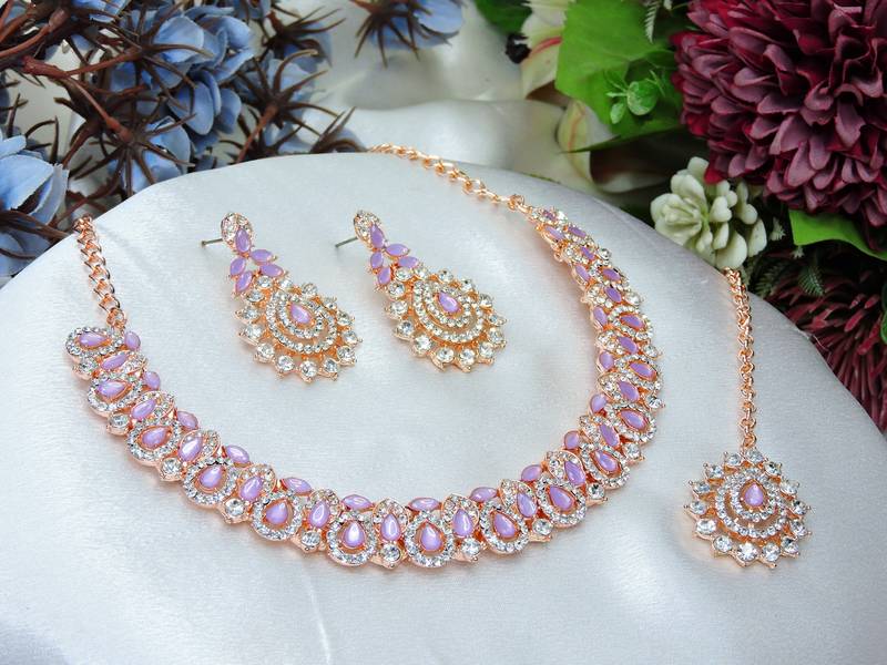 Pink color rhodium plating festive wear designer necklace set