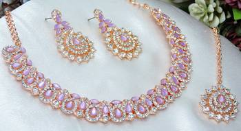 Pink color rhodium plating festive wear designer necklace set 3