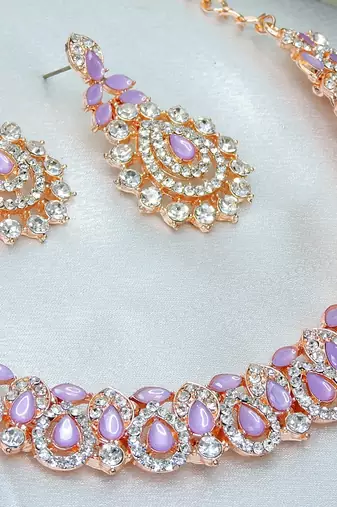 Pink color rhodium plating festive wear designer necklace set