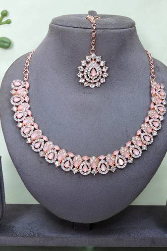 Pink color rhodium plating festive wear designer necklace set