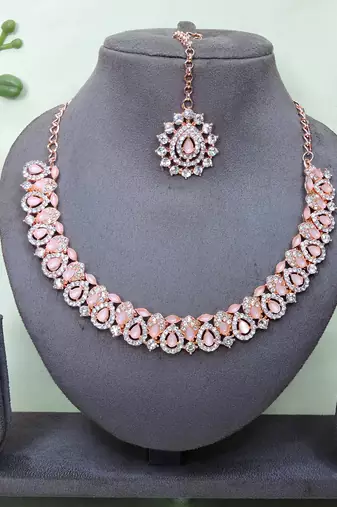 Pink color rhodium plating festive wear designer necklace set