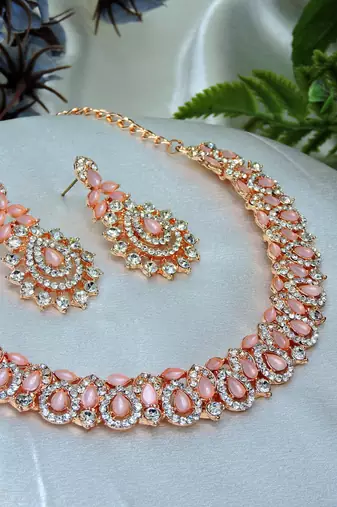 Pink color rhodium plating festive wear designer necklace set