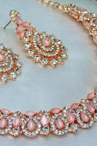 Pink color rhodium plating festive wear designer necklace set