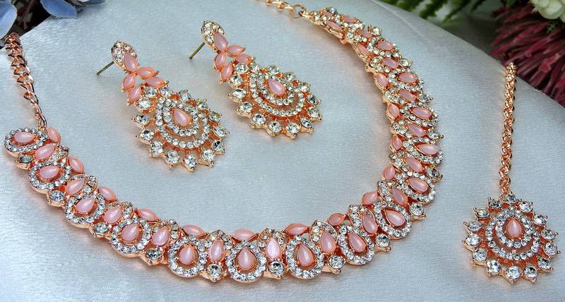 Pink color rhodium plating festive wear designer necklace set