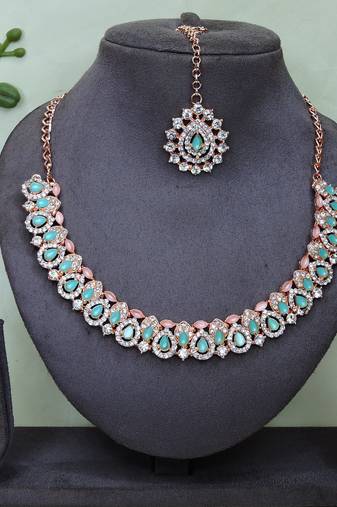 Green color rhodium plating festive wear designer necklace set