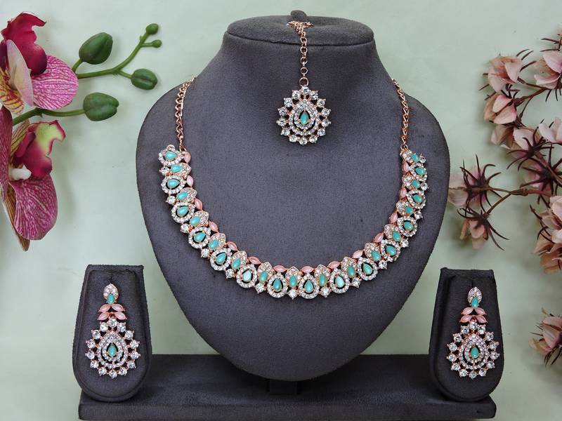 Green color rhodium plating festive wear designer necklace set