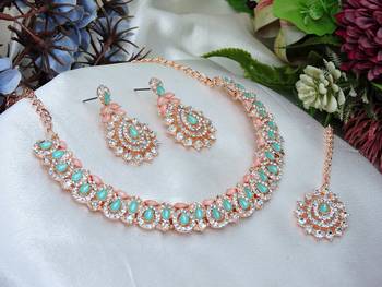 Green color rhodium plating festive wear designer necklace set 2