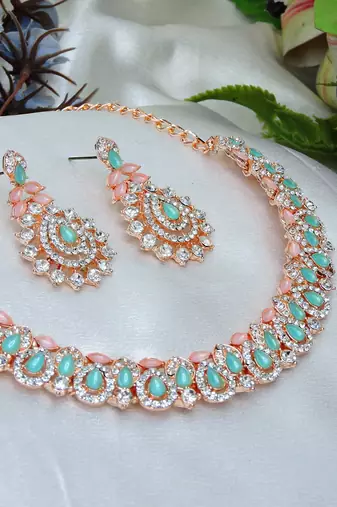 Green color rhodium plating festive wear designer necklace set