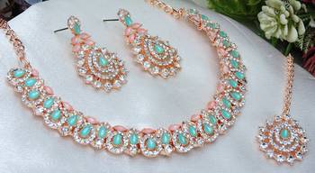 Green color rhodium plating festive wear designer necklace set 3