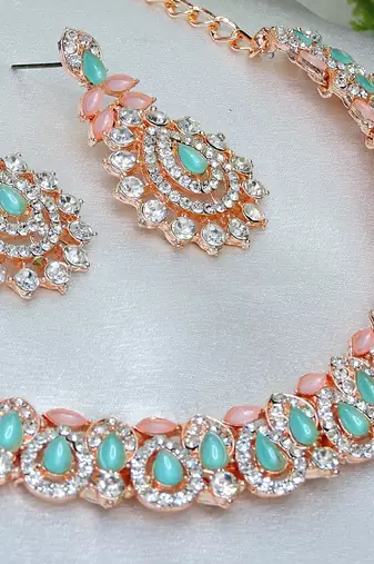 Green color rhodium plating festive wear designer necklace set