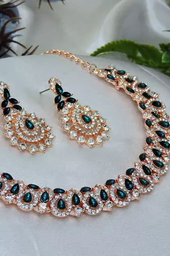 Green color rhodium plating festive wear designer necklace set
