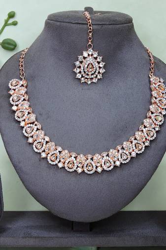 Pink color rhodium plating festive wear designer necklace set