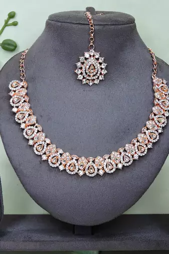 Pink color rhodium plating festive wear designer necklace set