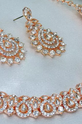 Pink color rhodium plating festive wear designer necklace set