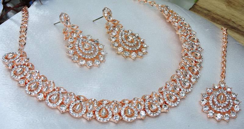 Pink color rhodium plating festive wear designer necklace set