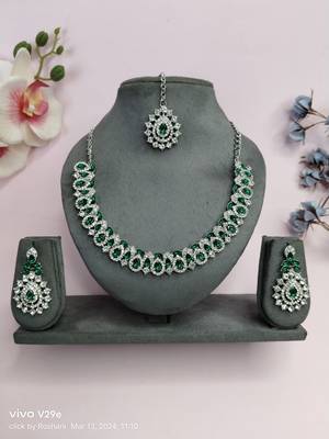 Green color rhodium plating festive wear designer necklace set 1