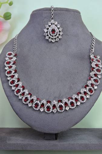 Maroon color rhodium plating festive wear designer necklace set