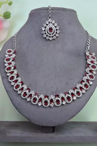 Maroon color rhodium plating festive wear designer necklace set