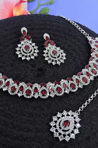 Maroon color rhodium plating festive wear designer necklace set
