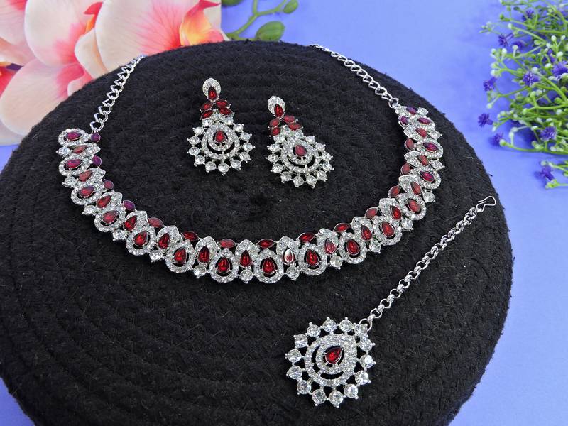 Maroon color rhodium plating festive wear designer necklace set