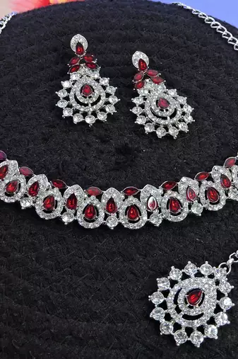 Maroon color rhodium plating festive wear designer necklace set